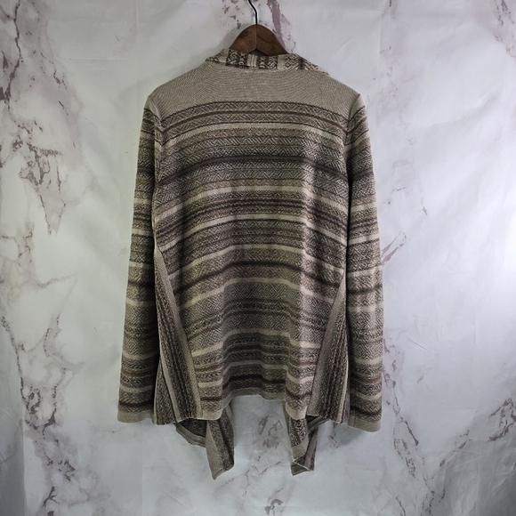 J Jill Cardigan Womens Large Brown Sweater Waterfall Geometric Striped Open Isle - Picture 5 of 12